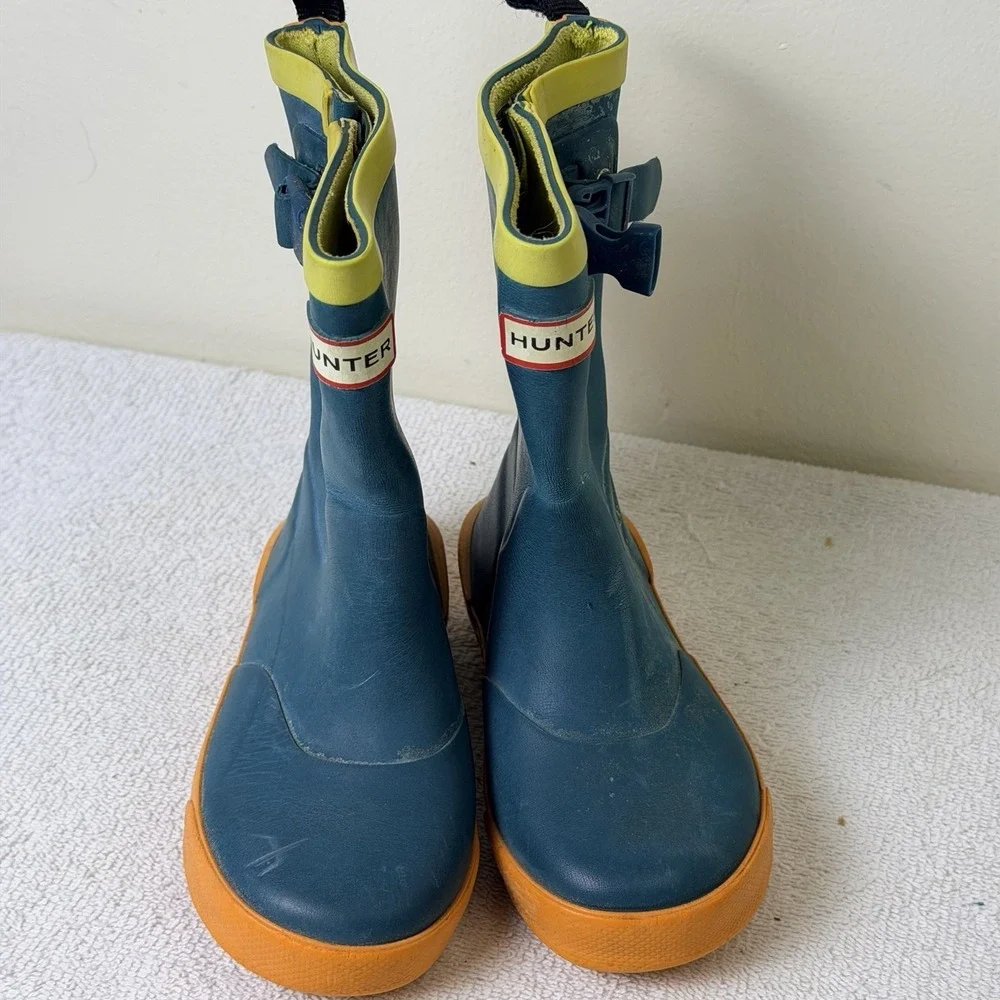 Kids Hunter Rubber Rain Boots-Yellow Green-Sz 8-Buckles-outdoors Puddles